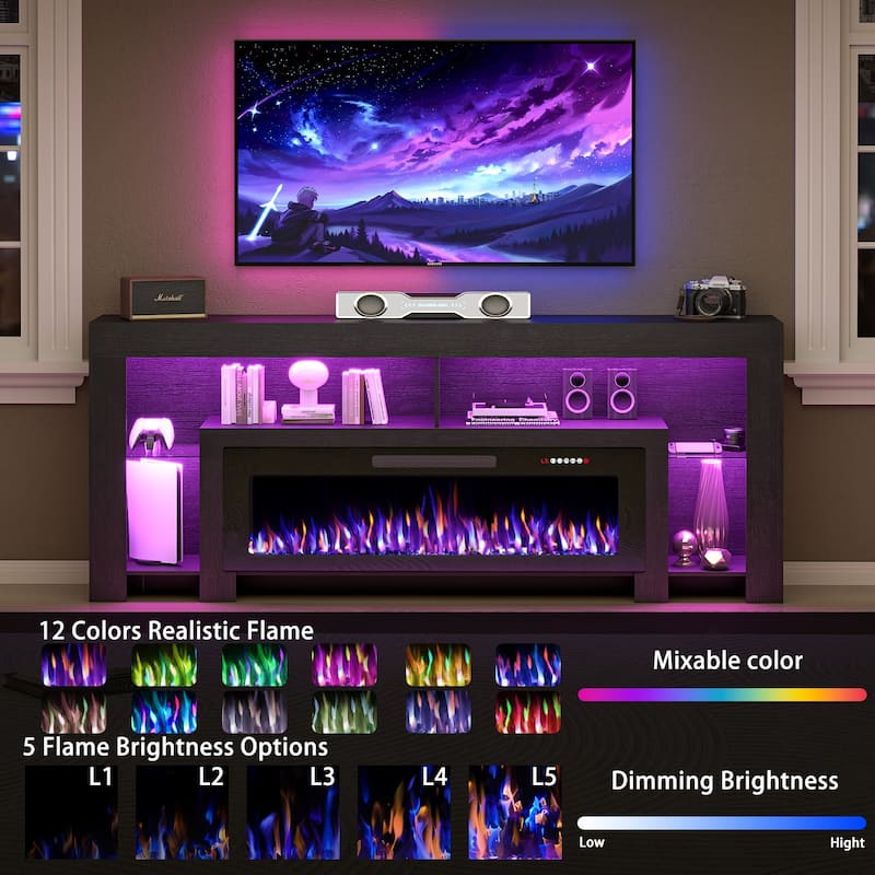 BOSSIN 82" Electric Fireplace TV Stand Entertainment Center, High Gloss with LED Lights, Holds TVs Up to 90 Inches, White