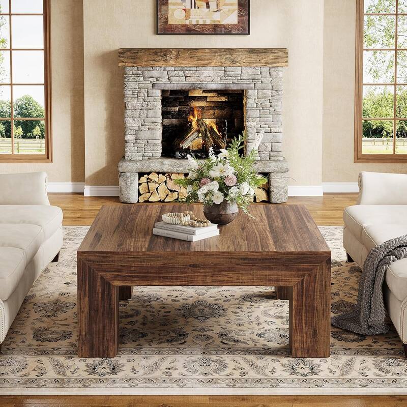 39.4" Square Coffee Table for Living Room, Farmhouse Center Cocktail Table (MDF) - 39.4" L x 39.4" W x 19.7" H