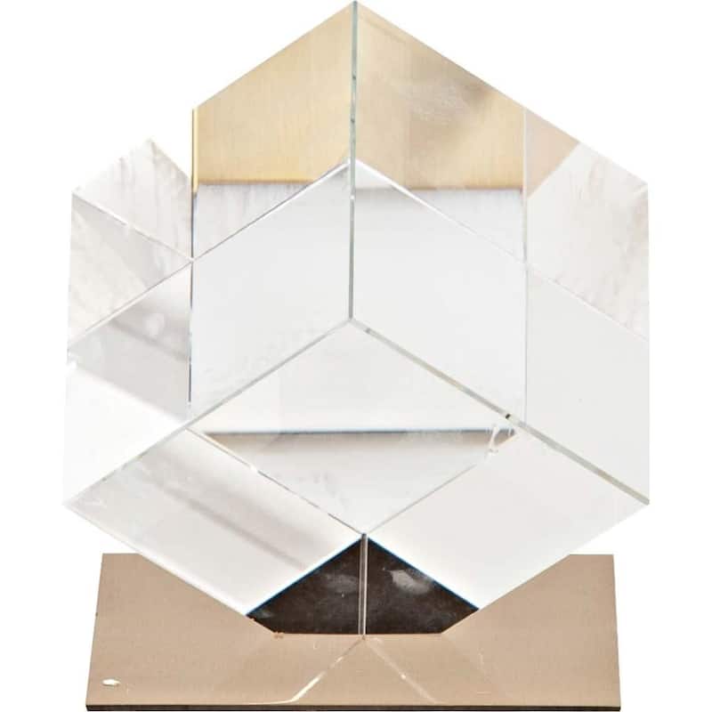 Optical Glass Cube and Gold Sculpture - 5"W x 5"D x 6"H
