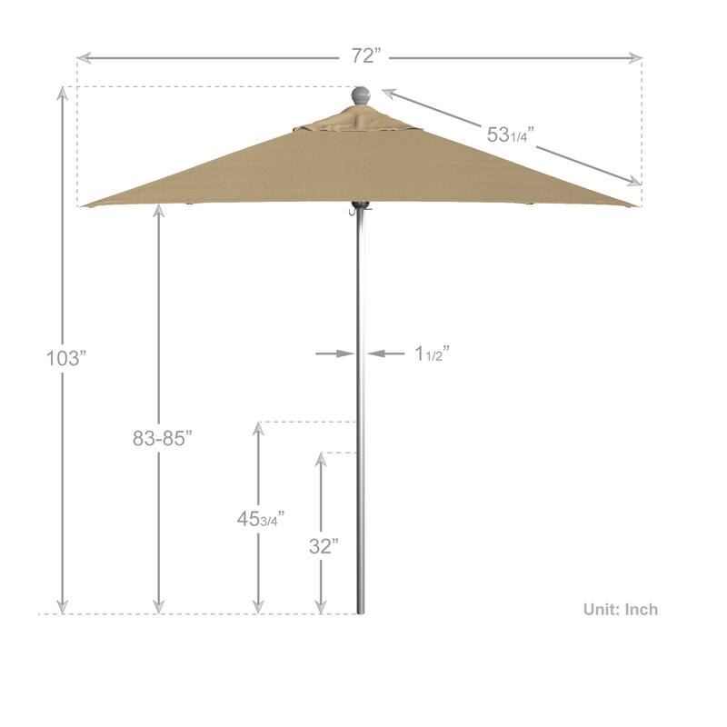 California Umbrella 6' Sq. Aluminum Frame, Fiberglass Rib Patio Umbrella, Push Open, Anodized Sliver Finish, Sunbrella Fabric