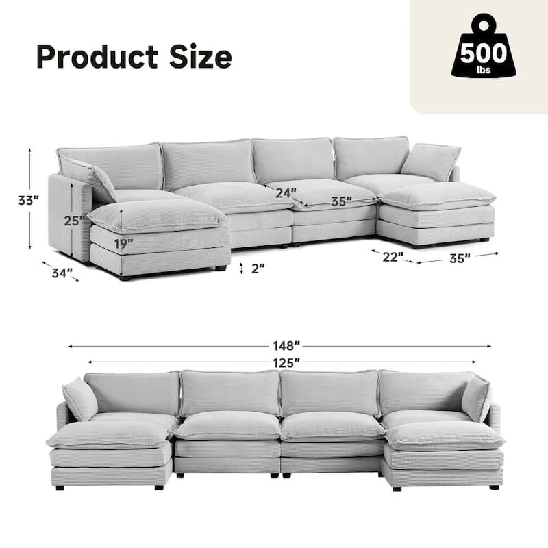 Oversized Modular Corduroy Sectional Sofa Set with Ottoman, 3-Seater / 4-Seater Deep Seat Lounge Couch for Living Room