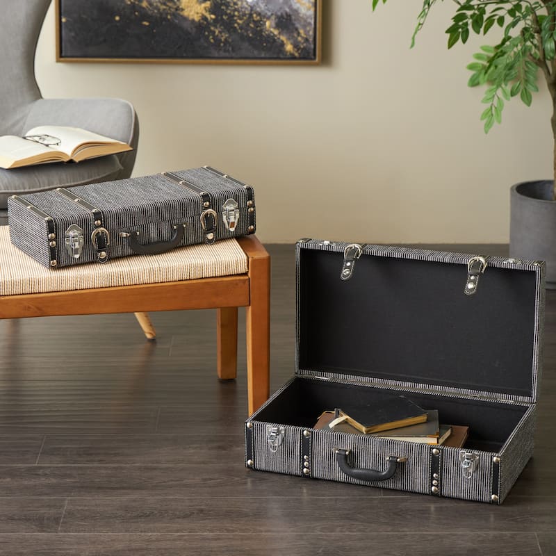Black Fabric Woven Storage Decorative Trunk with Silver Latches and Buckles (Set of 2) - Black