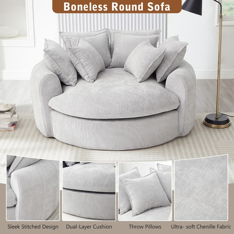 Oversized Round Accent Chair Lounge Chaise, Chenille Upholstered Boneless Sofa Bed, Deep Seat Sleeper Couch Reading Armchair