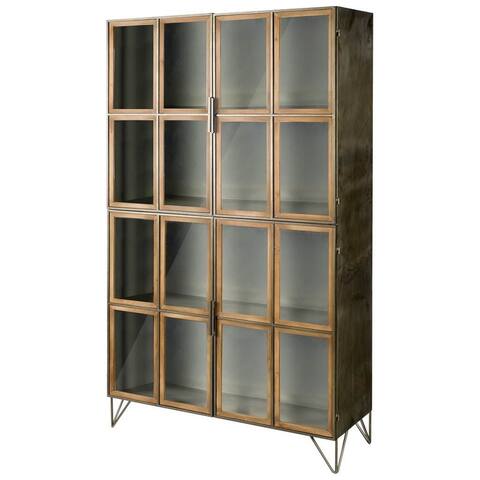 Pandora Medium Brown Solid Wood & Brown Iron Frame w/ Glass Doors Display Cabinet - 44"W x 16"D x 74"H
