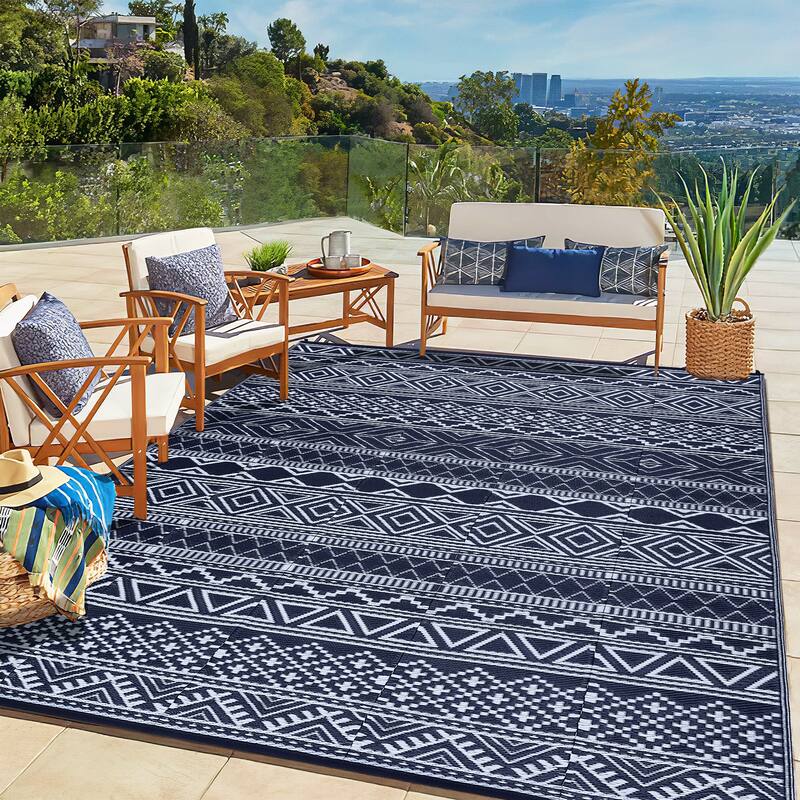Outdoor Rug Waterproof Patio Rug Mat Geometric Rug Plastic Straw Outside Rug for RV Camping Picnic Reversible Rug - 9'x12' - Navy White