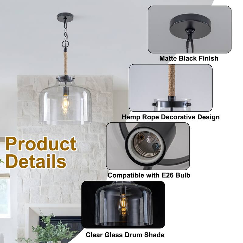 Starsky 1-Light Clear Glass Bell Jar / Cloche Pendant With Rope Accent