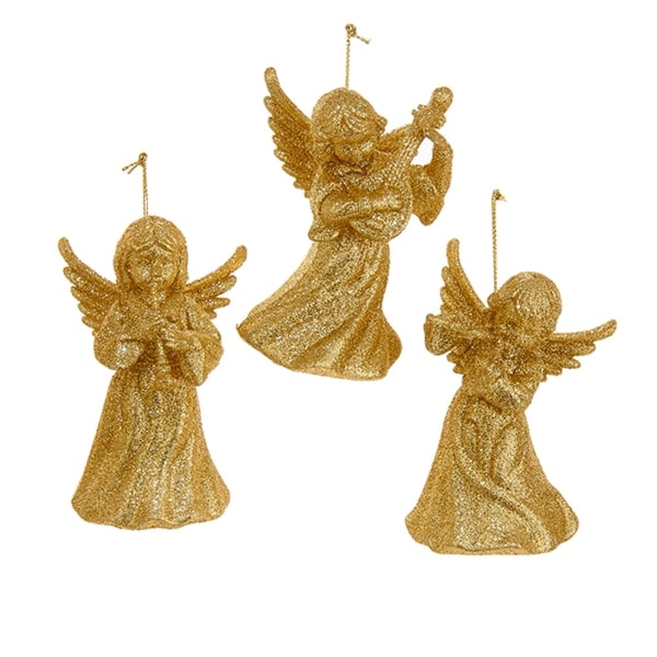 24 Gold Glitter Angel Holding A Musical Instrument Christmas Ornaments 3.75"