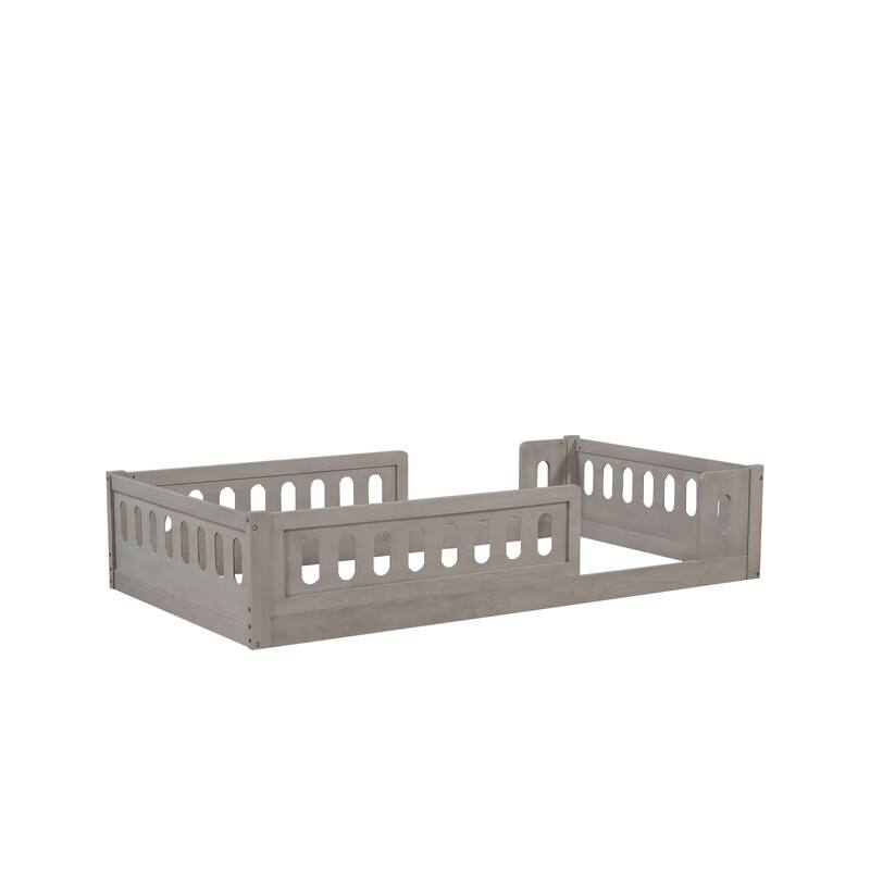 Kids Wood Floor Bed with Semi-Enclosed Guardrail and No-Slat Design