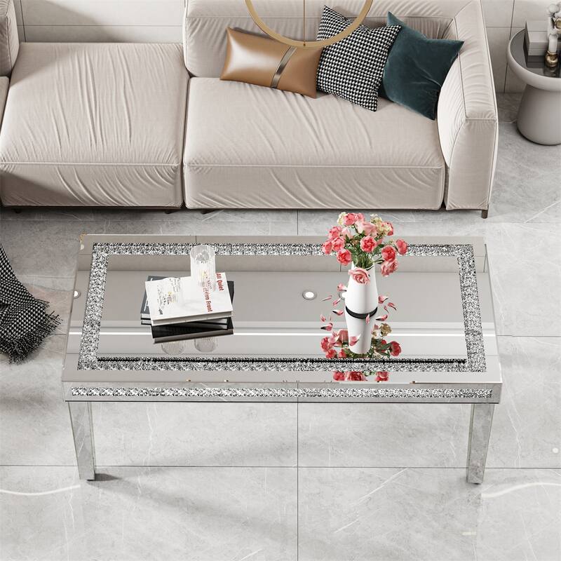 47.24” Long Luxury Modern Rectangular Mirrored Coffee Table with Crystal Diamonds Inlay, Living Room Center Table - Silver