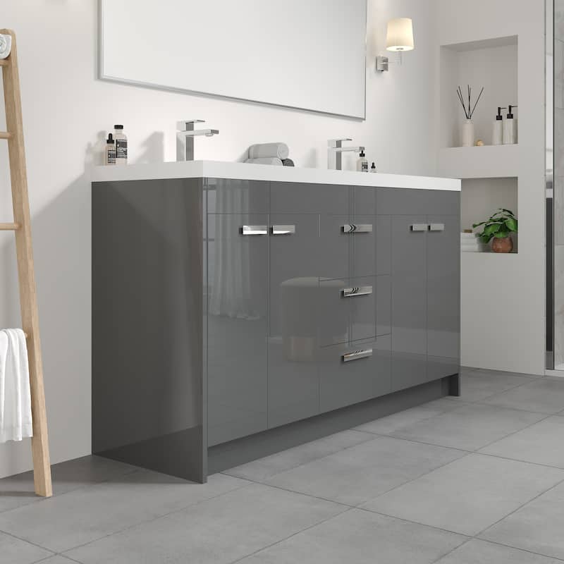 Eviva Lugano 60 inch Gray Modern Double Sink Bathroom Vanity with White Integrated Acrylic Top - 60"