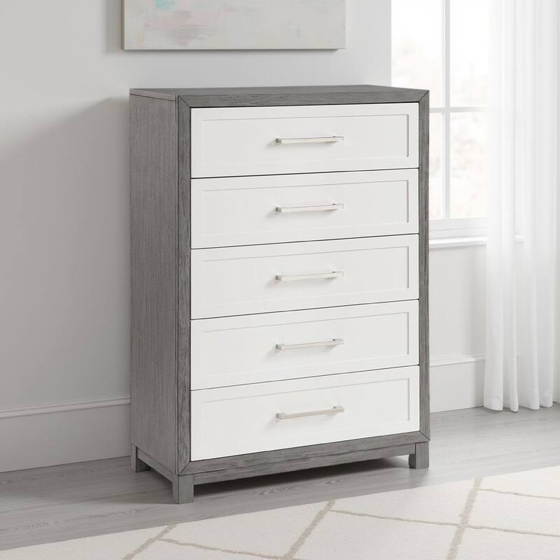 Rowy Tall Dresser Chest, 5 Drawer Bar Handles, Ivory and Gray Veneer
