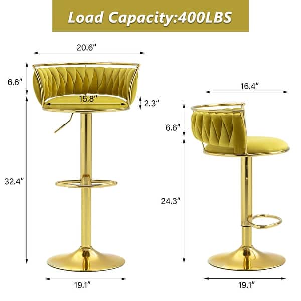 dimension image slide 22 of 24, Modern Velvet Adjustable Swivel Bar Stools Set of 2