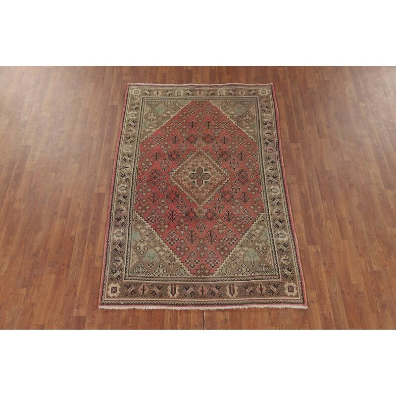 Pink Geometric Joshaghan Persian Vintage Area Rug Handmade Wool Carpet - 4'6" x 7'4"