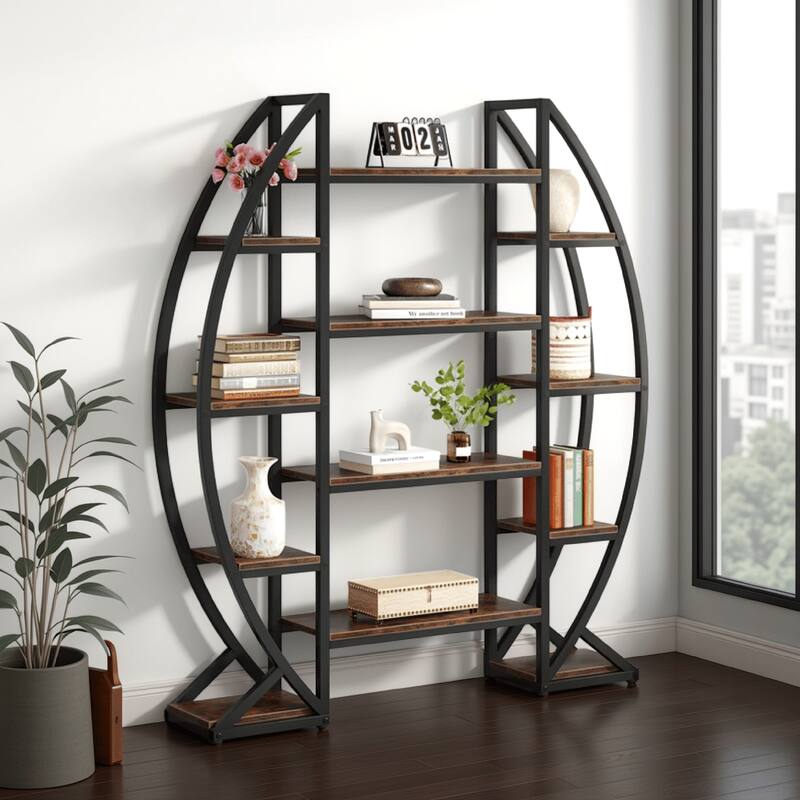 Oval Bookshelf, 12 Brown Wood Shelves, 5 Tier Black Frame, 69 Inch