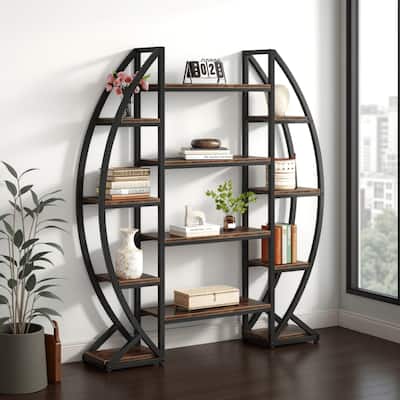 Oval Bookshelf, 12 Brown Wood Shelves, 5 Tier Black Frame, 69 Inch