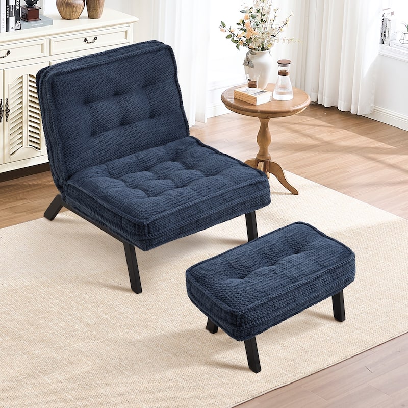 Upholstered Accent Chair with Ottoman, Armless Lounge Chair for Bedroom and Living Room, Comfortable Padded Seat with Wood Legs - Blue