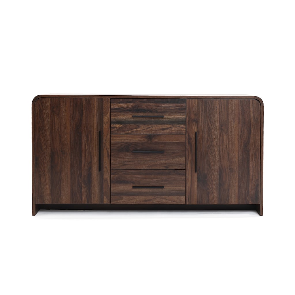Walnut Finish Engineered Wood 2-Door 3-Drawer Sideboard Cabinet with Rounded Corners - 31.69" H x 59.06" W x 15.75" D