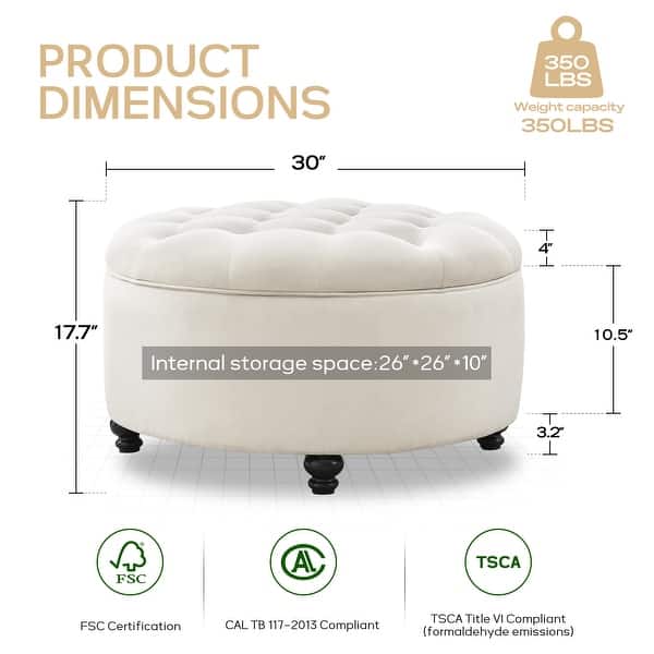 dimension image slide 2 of 5, Tufted Large Round Storage Ottoman Footrest Beige/ Grey/ Blue
