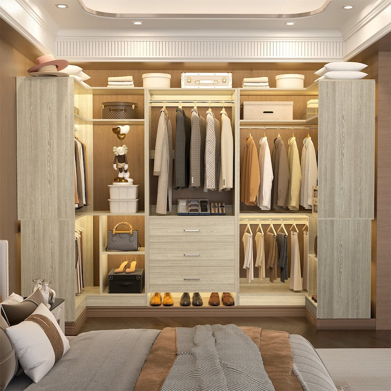 Cimly Set of 3 Closet Organizer with Drawers, U Shaped Freestanding Closet System - Washed Oak