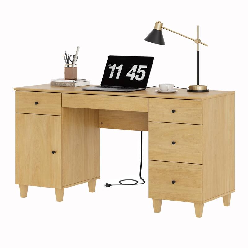 58" Executive Desk with 5 Drawers&Charging Station for Home Office - 5 Drawers & 1 Cabinet - Oak