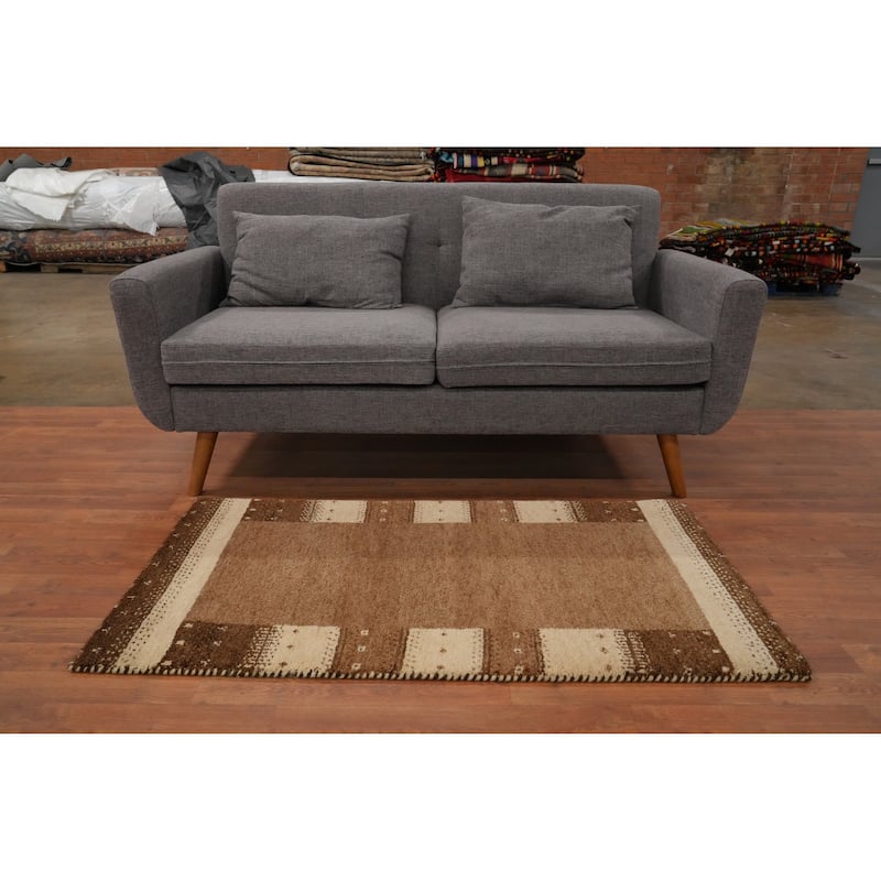 Hand Knotted Oriental 100% Wool Carpet Modern Geometric Brown Gabbeh Area Rug - 4' 5'' X 2' 5''