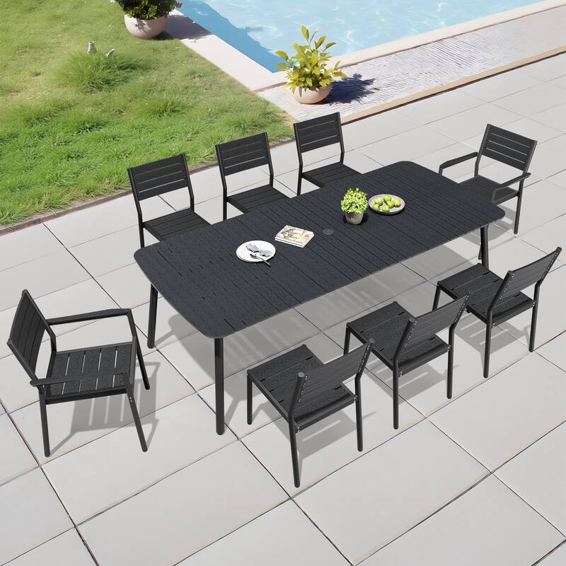 Outdoor 7/9-Piece Patio Dining Set Rectangular Dining Table with Stackable Chairs - Black - Set of 9 - 92.9 inches