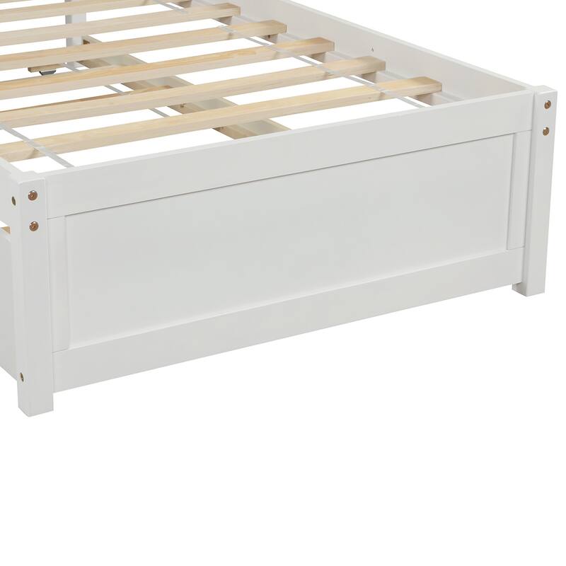 White Twin Size Wood Platform Bed Frame with Trundle, Minimalist Design, Solid Pine Construction