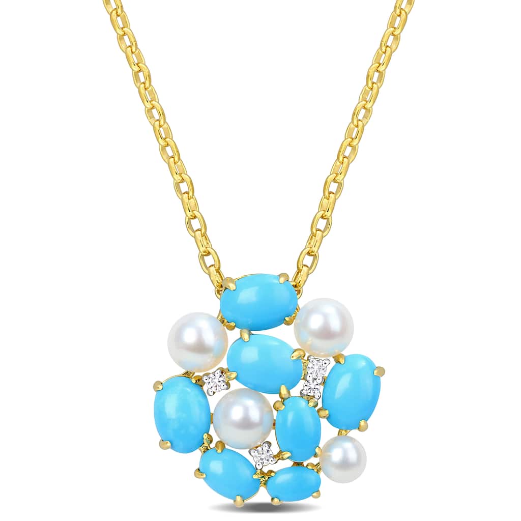 Miadora 5 3/5ct TGW Created Turquoise White Sapphire Cultured Freshwater Pearl Necklace Yellow Silver