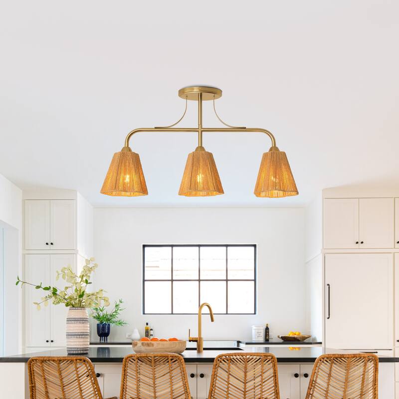 Farmhouse Brown Paper Rope Shade 3-Light Gold Linear Chandelier Light