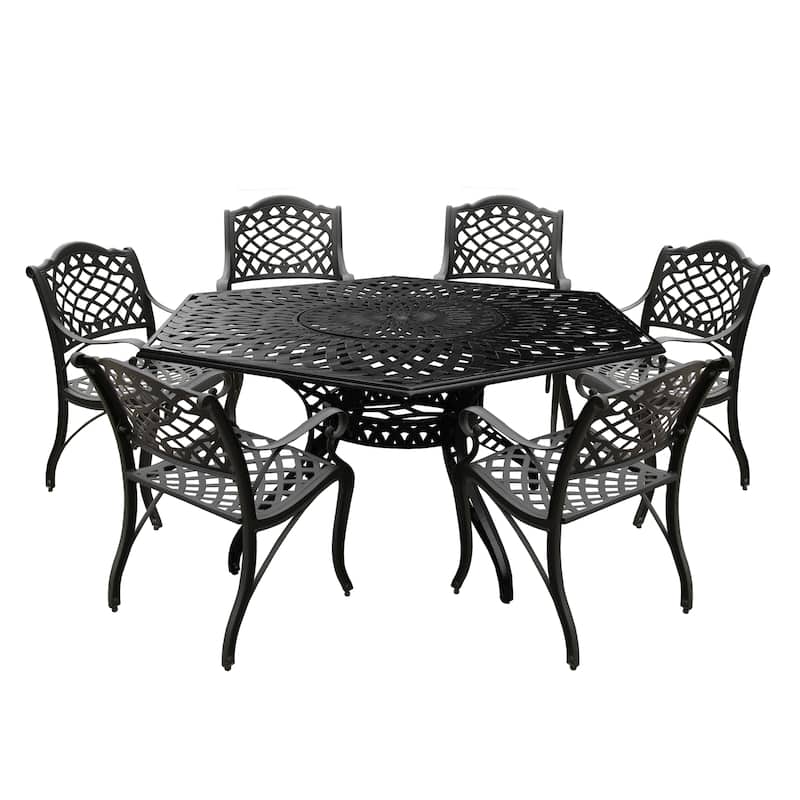 Modern Ornate Outdoor Mesh Aluminum 63-in Large Hexagon Patio Dining Set with Lazy Susan and Six Chairs - N/A - Black