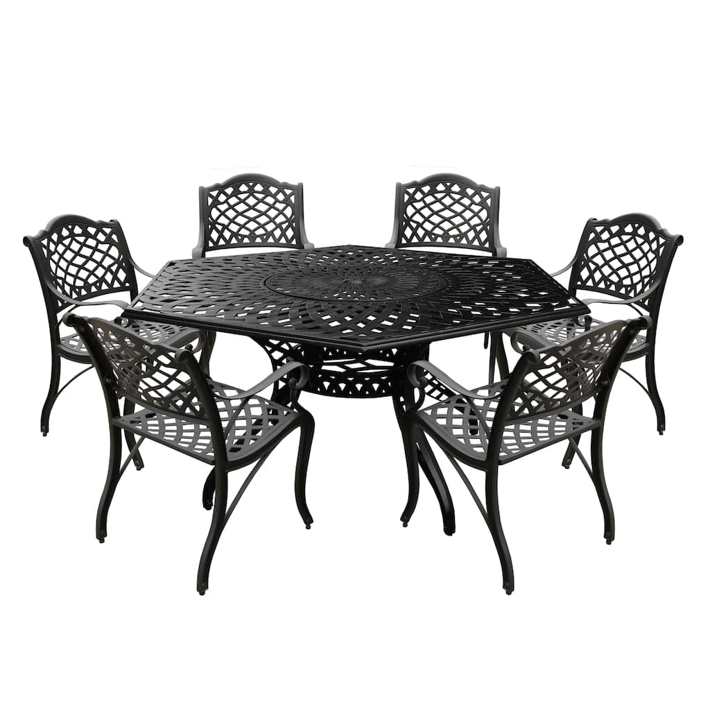 Modern Ornate Outdoor Mesh Aluminum 63-in Large Hexagon Patio Dining Set with Lazy Susan and Six Chairs