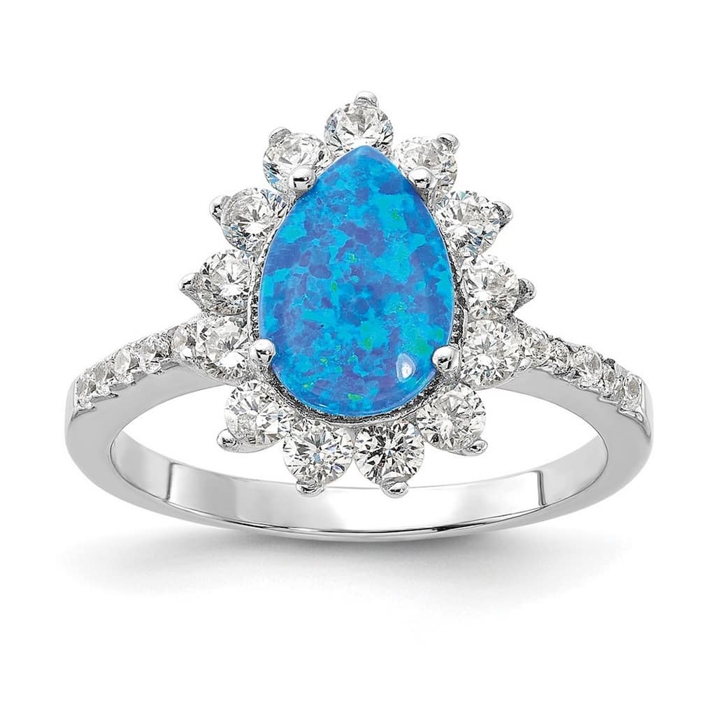 Curata 925 Sterling Silver Pear Simulated Blue Opal Statement Ring