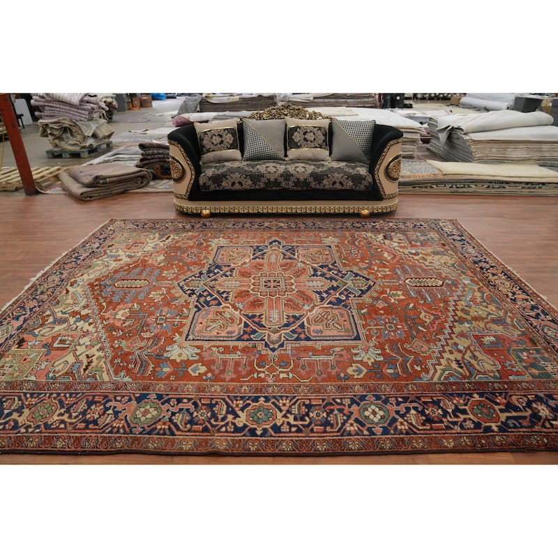 Hand Knotted Oriental 100% Wool Carpet Traditional Medallion Oranges & Rust Heriz (serapi) Area Rug - 12' 3'' X 9' 8''