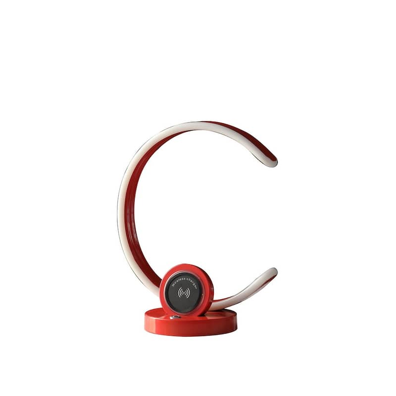 13.25" In Modern C Shape Led W/ Usb/Wireless Charger Port And Touch Dimmer Bright Red Table Lamp - Red
