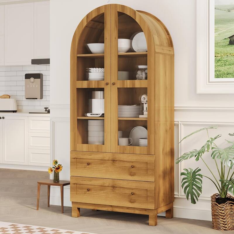 71" Tall Arched Kitchen Pantry Cabinet – Modern Farmhouse Storage Cabinet with Adjustable Shelves, Hidden Drawer - Oak