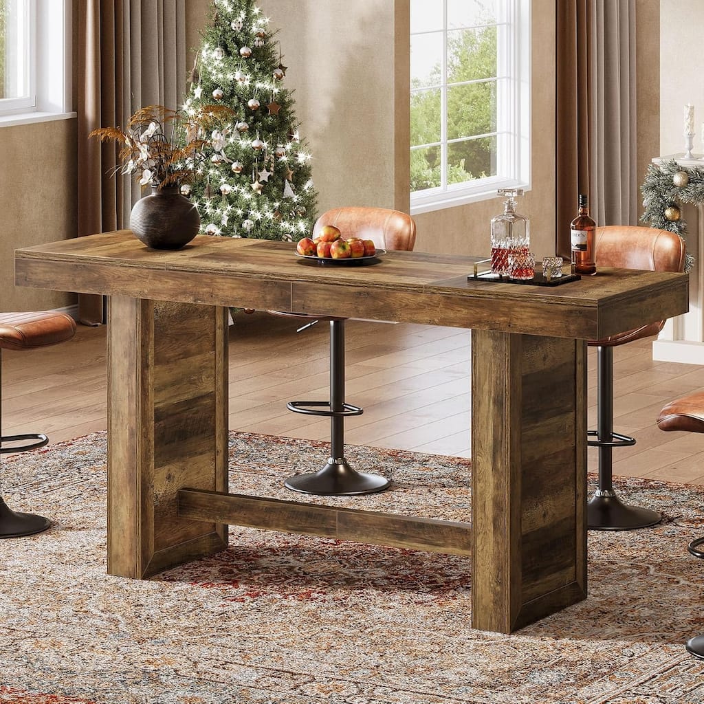 70.9" Extra Long Farmhouse Bar Table, Rectangular Pub Table with Footrest - 70.87" W x 19.69" D x 37.40" H