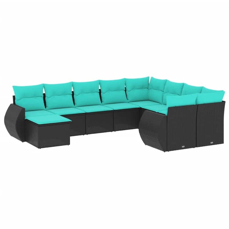 vidaXL 10 Piece Patio Sofa Set with Cushions Black Poly Rattan - 24.4" x 24.4" x 27.2"