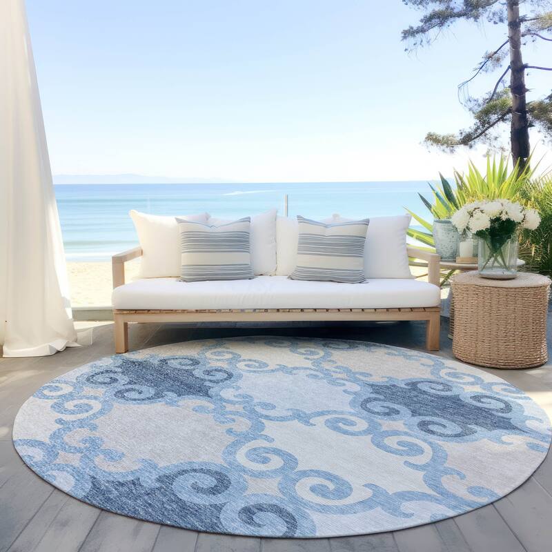 Machine Washable Indoor/ Outdoor Chantille Scroll Rug - Sky - 8' x 8'