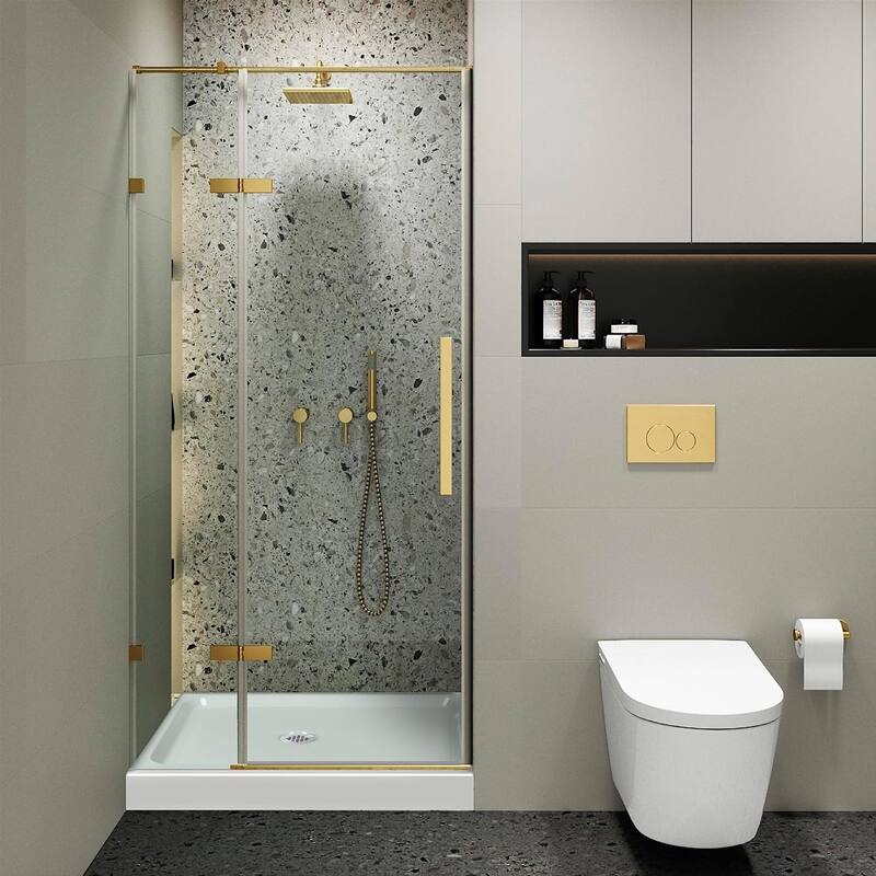 Frameless Clear Tempered Shower Glass Door with Shower Base Kit - 32 Inch - Satin Brass