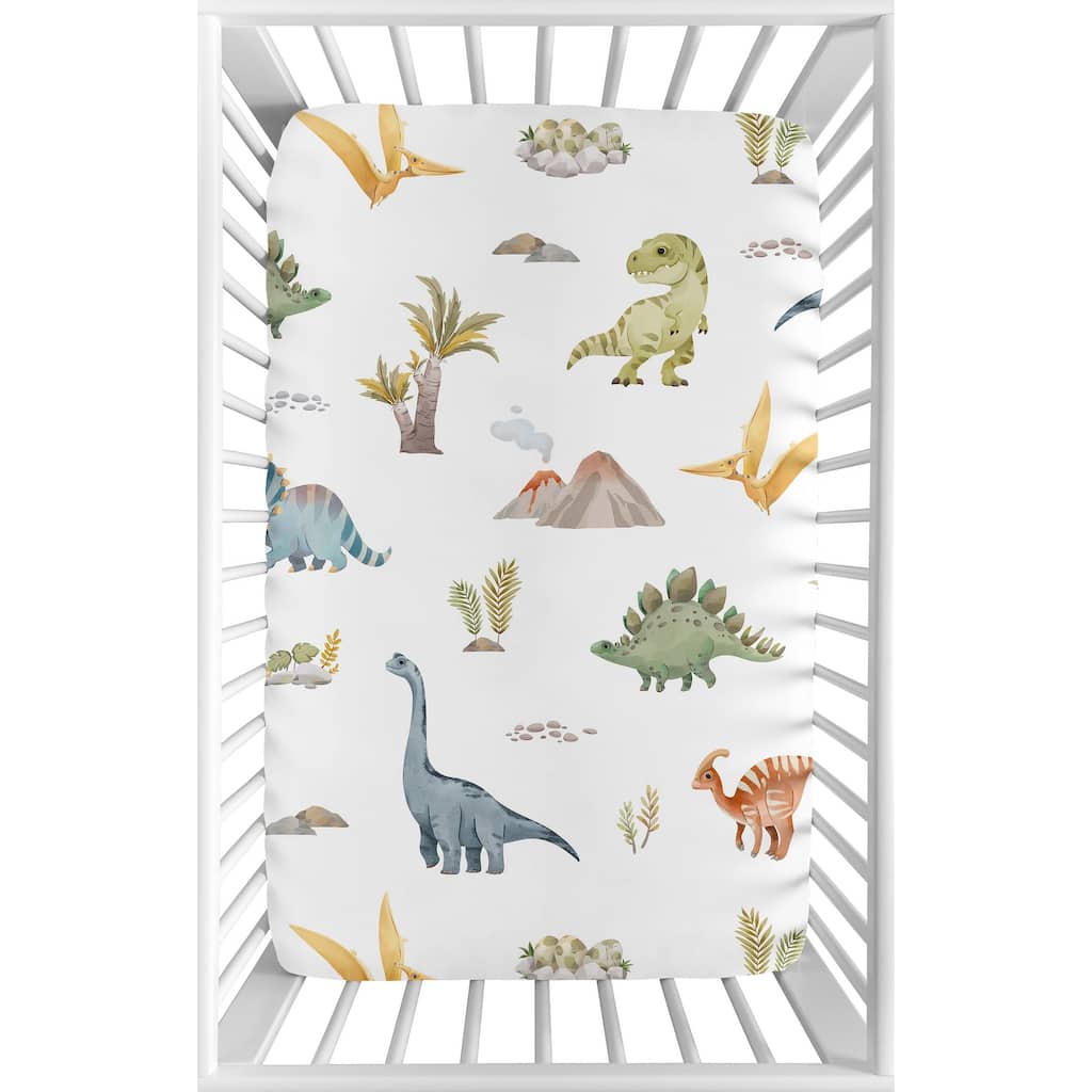 Sweet Jojo Designs Watercolor Dinosaur Dino Boy Fitted Mini Portable Crib Sheet Green Blue White Modern Jurassic Animal Nature