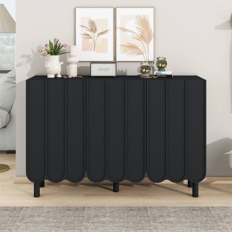 Modern Shoe Cabinet with Adjustable Shelves, Accent Storage Cabinet with Wave Doors, Sideboard Buffet Cabinet with Wood Legs