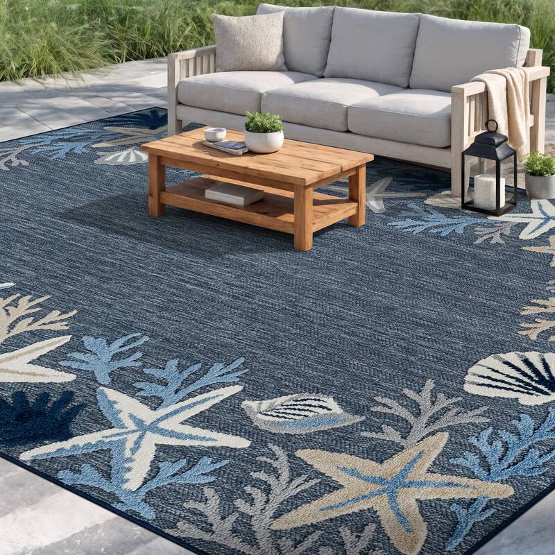 World Rug Gallery Indoor/Outdoor High-Low Textured Area Rug, Coastal Border Easy-Clean Patio Rug