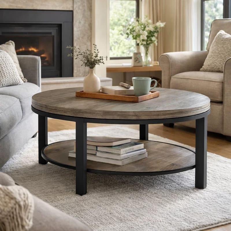 Cyon 40 Inch Round Coffee Table, Black Metal Frame, Gray Wood, Open Shelf