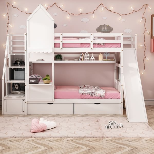 slide 2 of 44, Castle Style Bunk Bed w/2 Drawers, 3 Shelves & Slide White - Twin