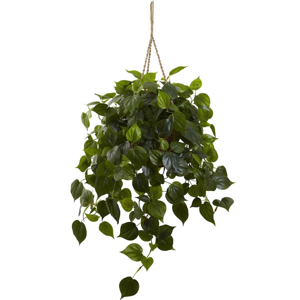 Hanging Basket with Faux Greenery - Indoor Outdoor Decorative Plant Basket for Home Decor