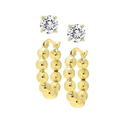 Victoria Townsend Gold over .925 Sterling Silver Lab White Sapphire Stud & Bubble Hoop Earring Set