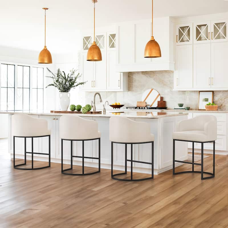 26.in Modern Set of 4 Barstool Fabric/Leather Upholstered Counter Height Stool with Metal Frame for Kitchen Island - Ivory/Faux Leather
