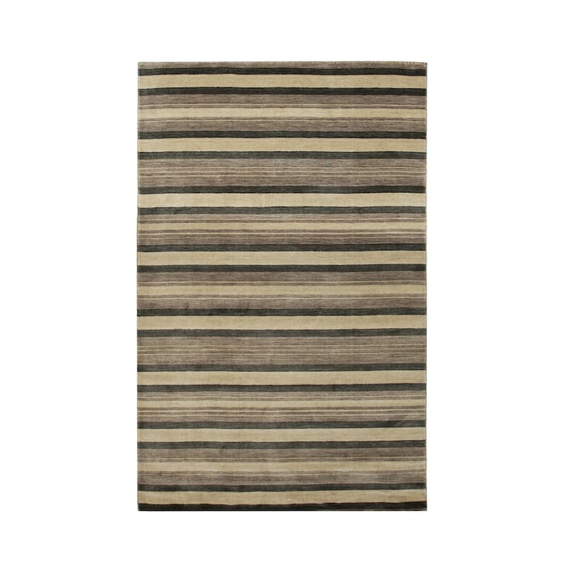 Multicolored Handmade Wool Transitional Rug 5' x 8' - Striped Pattern Plush Pile Red Green Blue Beige - N/A
