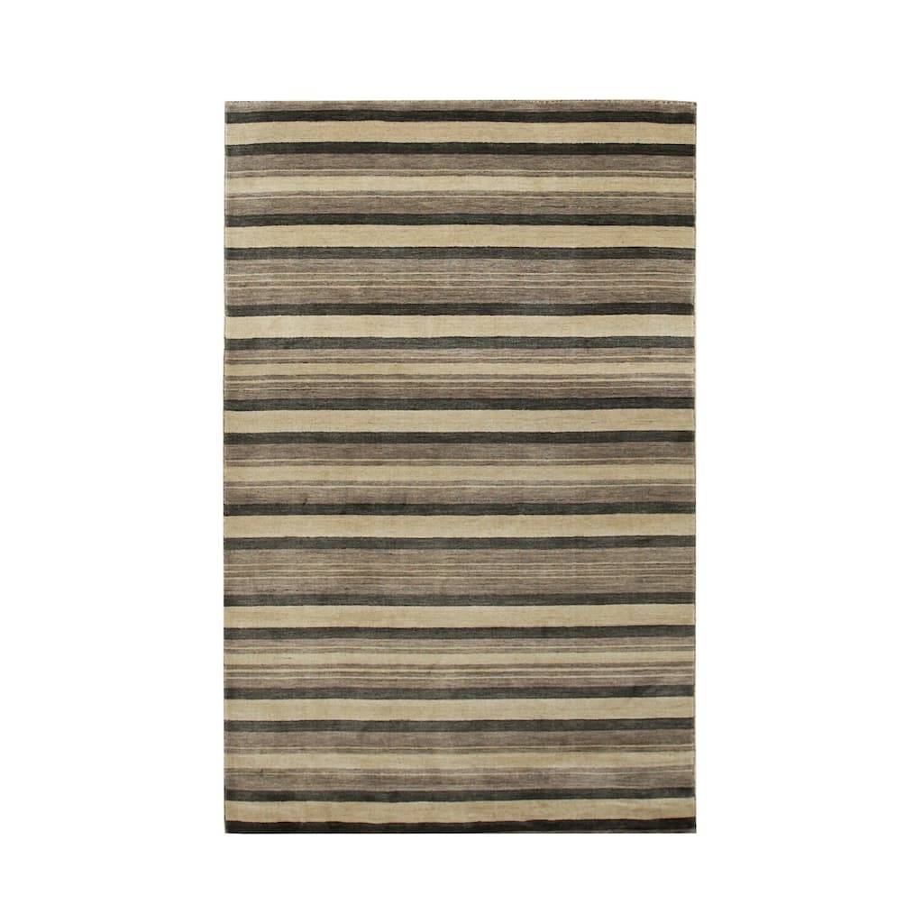 Multicolored Handmade Wool Transitional Rug 5' x 8' - Striped Pattern Plush Pile Red Green Blue Beige - N/A