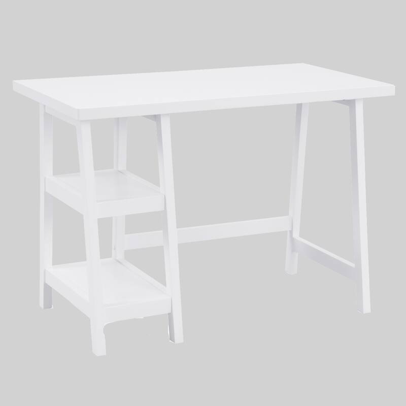 42" Modern Writing Desk with Open Shelves, MDF Top, and Rubberwood Legs - White